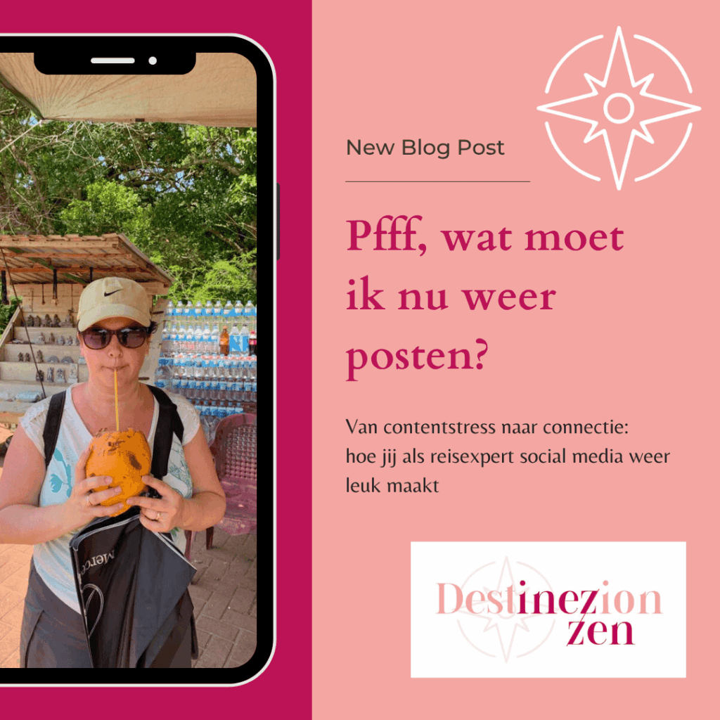 Inez met pet drinkt uit een kokosnoot op reis, met blogtitel over contentstress en social media tips voor reisondernemers van Destinezion Zen.